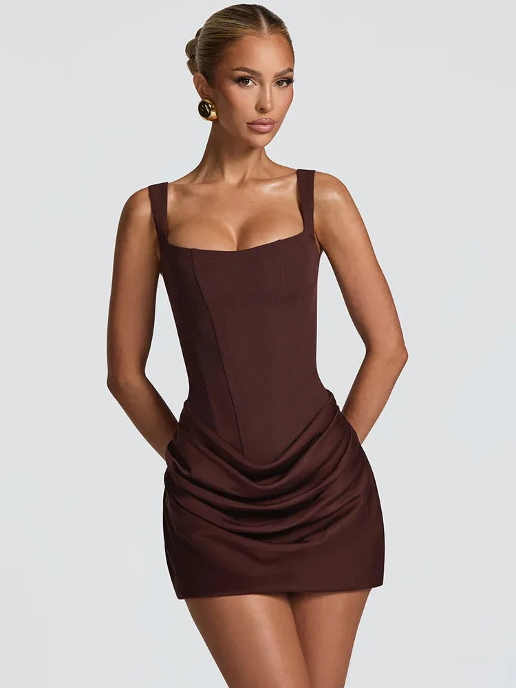 Mozision Backless Ruched Sexy Mini Dress Women Elegant Tapered Straps Square Collar Sleeveless High Waist Club Party Dress
