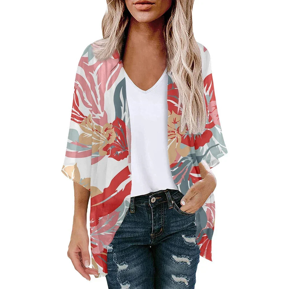 New Women Chiffon Blouse Kimono Tops Cardigan Leaves Print Beach Blouse Shawl Loose Hawaiian Outwear Swim Cover Up  Beach Wear