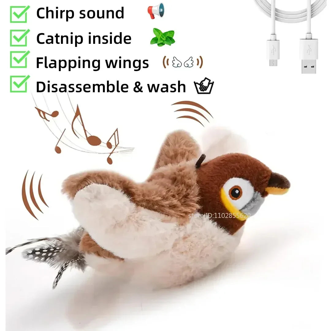 Interactive Cat Toy Chirping Flapping Sparrow Dog Toys Rechargeable Touch Squeak Bird-Shaped Plush Toy with Catnip Pet Supply