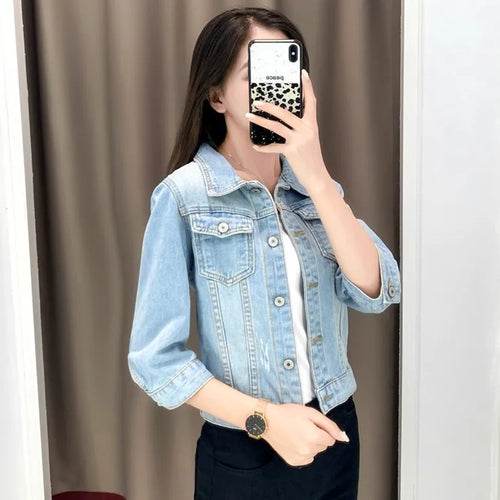 S-5XL Women Denim Jackets Spring Three-Quarter Sleeve O-Neck