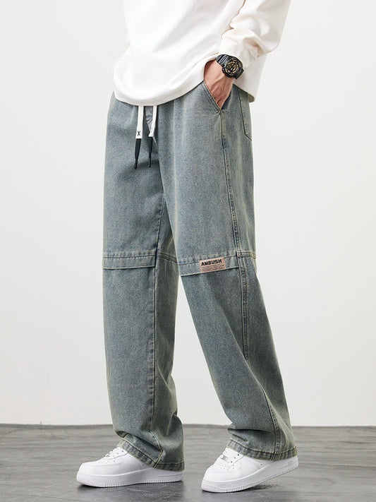 2024 New Retro Blue Men's Jeans Large Size String Banding Wide Leg