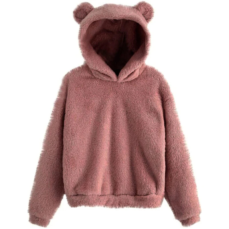 Winter Korean Fashion Bear Ears Cute Loose Hoodie Fluffy Hooded Warm Sweatshirt Long Sleeve Top Solid Pullover Clothes For Women