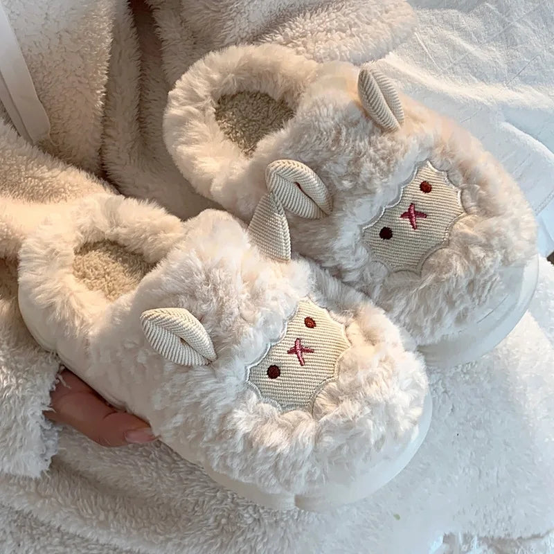 Women Lovely Sheep Fluffy Slippers Men Fashion Animals Non-slip Plush Slides Lovers Soft Warm Cartoon House Shoes For Winter
