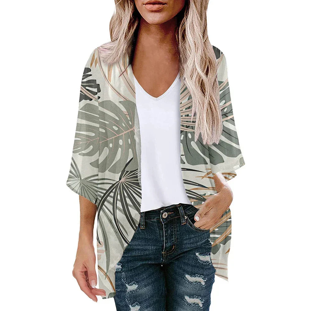 New Women Chiffon Blouse Kimono Tops Cardigan Leaves Print Beach Blouse Shawl Loose Hawaiian Outwear Swim Cover Up  Beach Wear