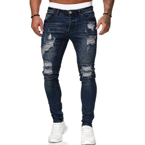 Fashion Street Style Ripped Skinny Jeans Men Vintage wash Solid Denim
