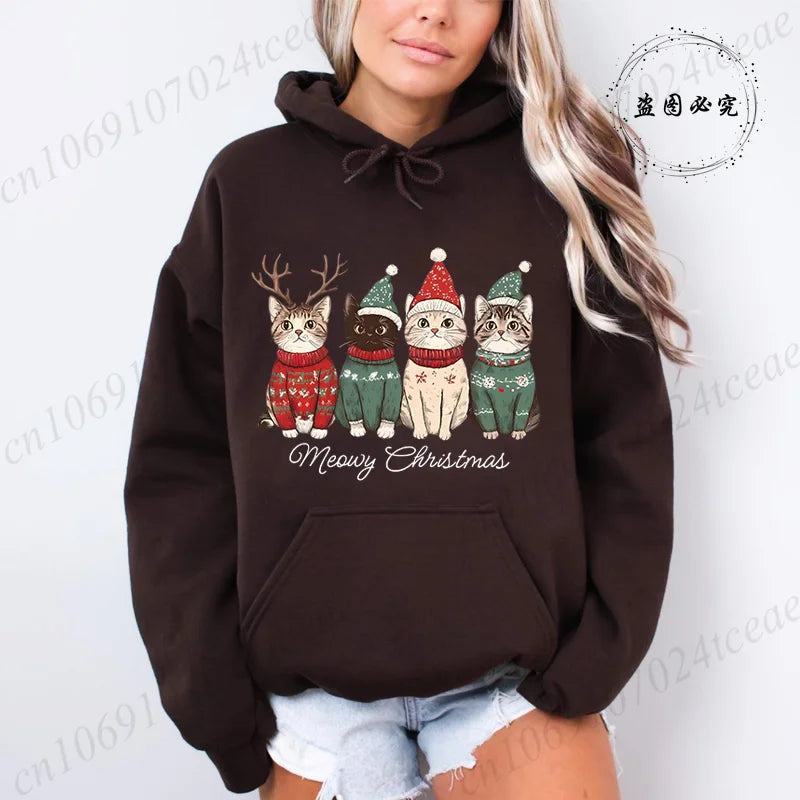 Meowy Christmas Cat Print Women Fashion Hoodies Girl Clothing Funny Merry Christmas Sweatshirts Tops Female Casual Tops Clothing