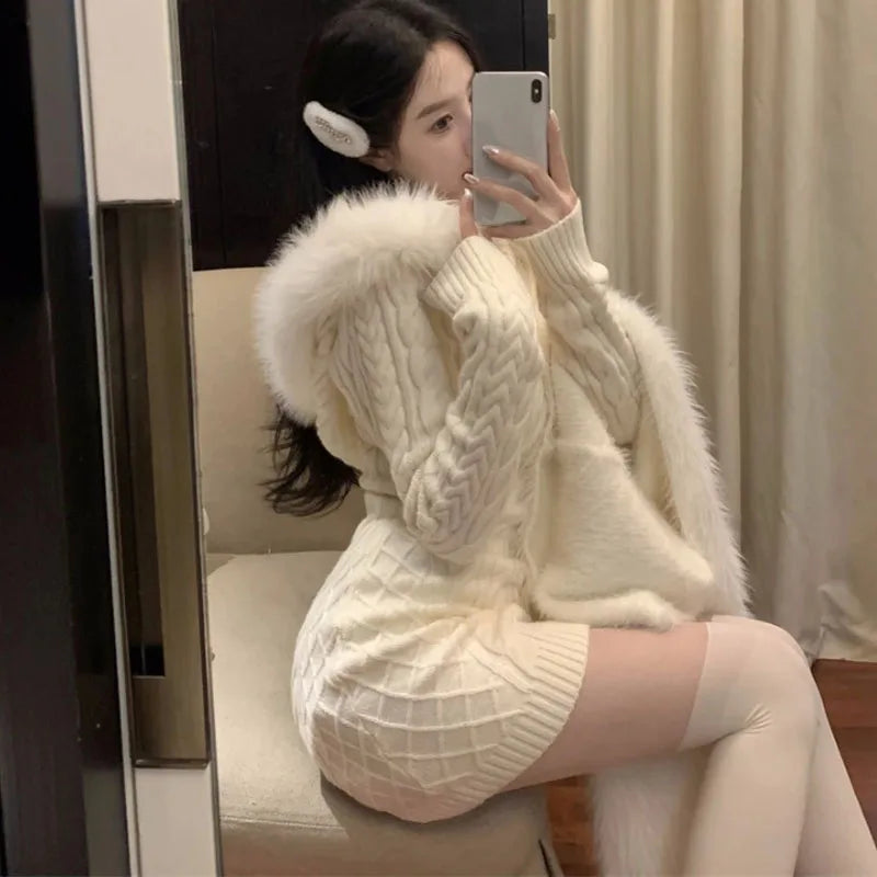Autumn Winter Elegant Women Sweater Christmas Red Slim Fur Patchwork