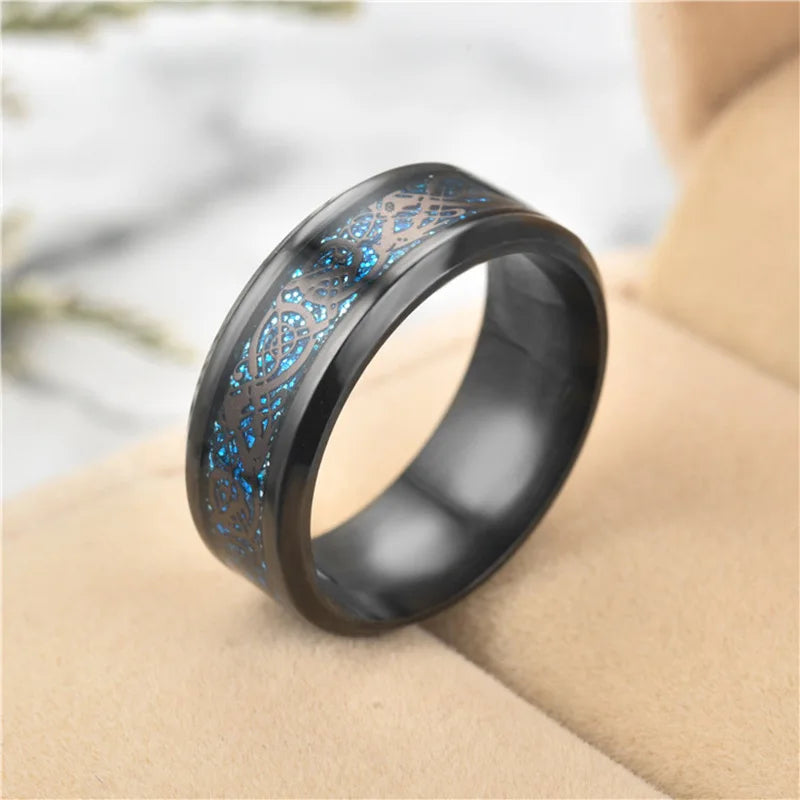 20 Colors Men Jewelry Red Blue Black Dragon Inlay Comfort Fit Stainless Steel Rings For Wedding Wide 8mm