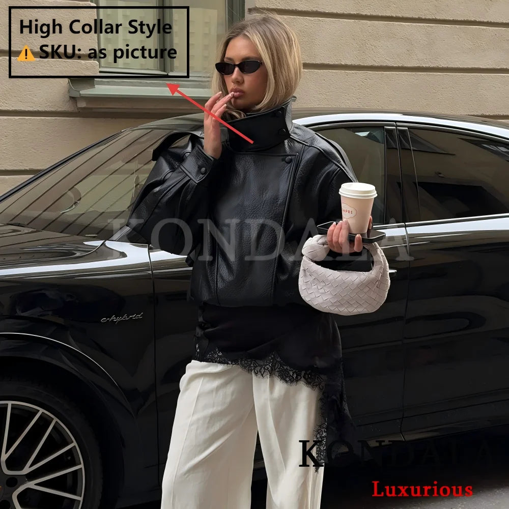 KONDALA Casual Chic Black Leather Jackets Women Long Sleeve Buttons Elastic Oversized Coats Fashion 2025 Fall Streetwear Coats
