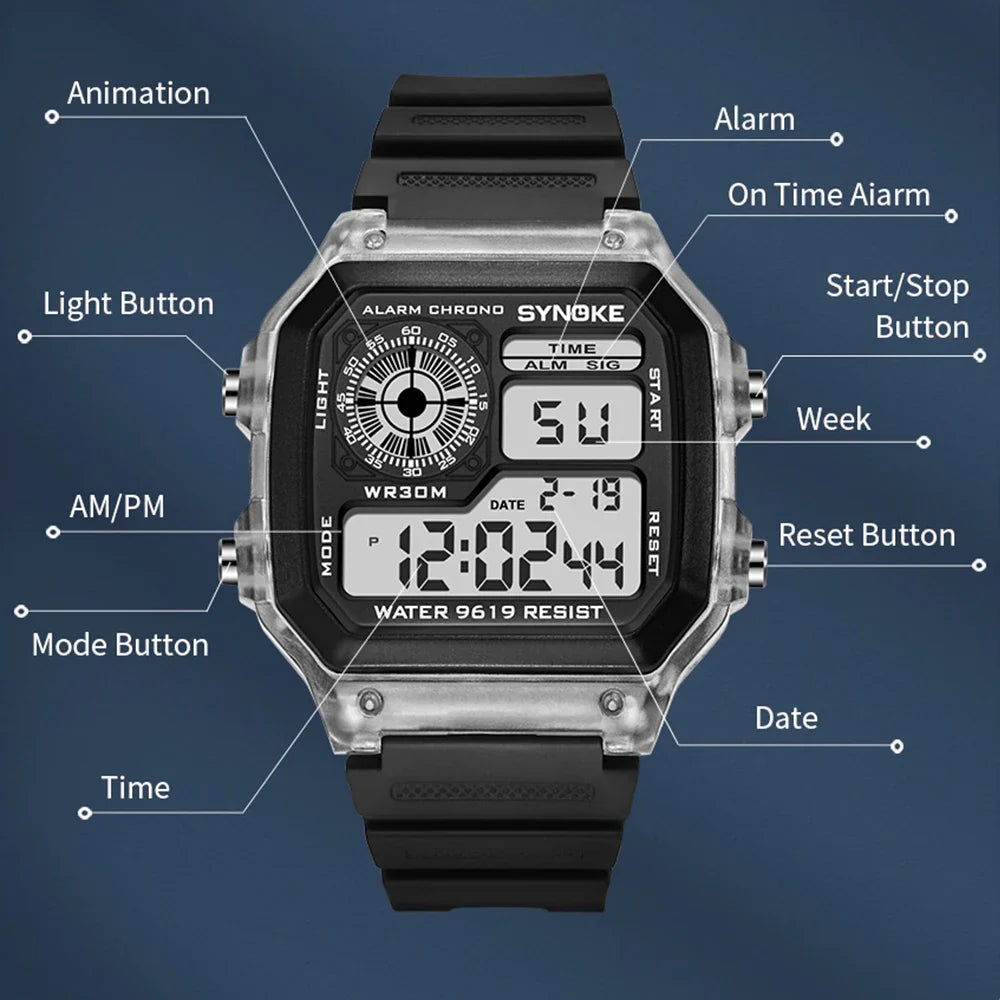 SYNOKE Wrist Watch For Men Digital Sports Waterproof Watch Transparent Multifunction Chronograph Alarm Backlight reloj hombre