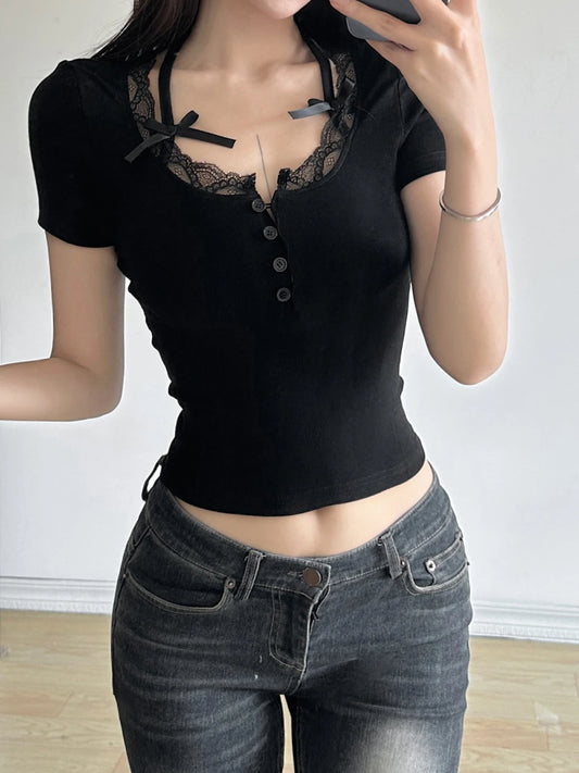 Halter Neck Lace Trim Bow Cute Black Y2K T-Shirt Women Button Up Slim