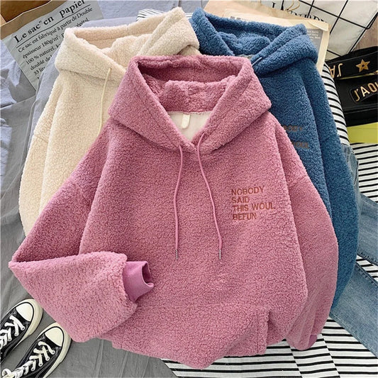 Autumn Winter Fashion Hooded Sweatshirt Women Korean Loose Solid Letter Tops Long Sleeve Warm Outfit Hoodie Lady Casual Street