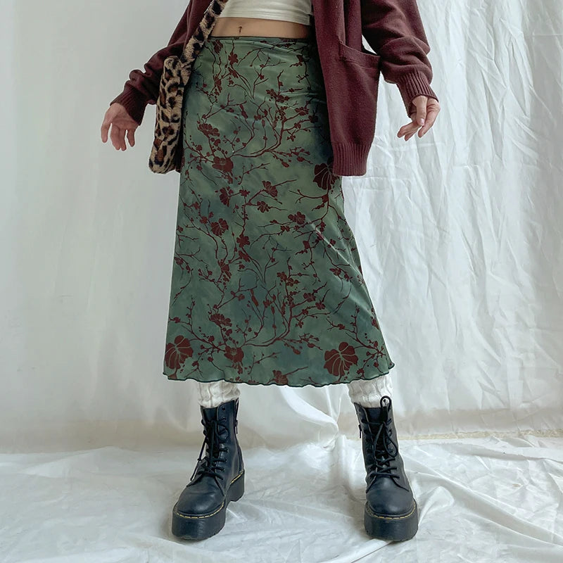 CIBBAR Harajuku Floral Print Long Skirt Vintage Low Rise Straight Midi