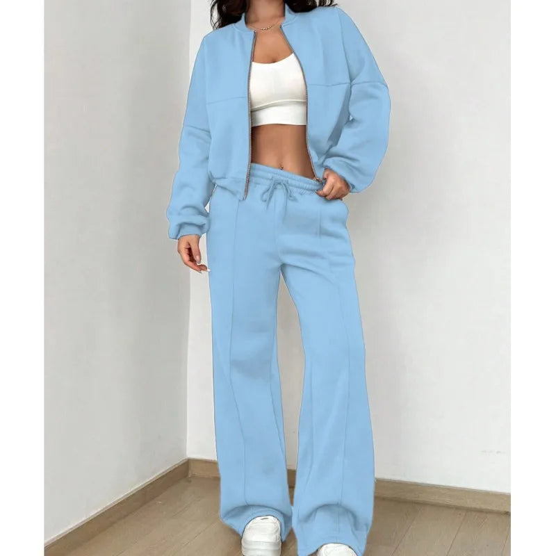 Grey Bomber Jacket Pant Women 2 Pieces Set Casual Long Sleeve Zipper