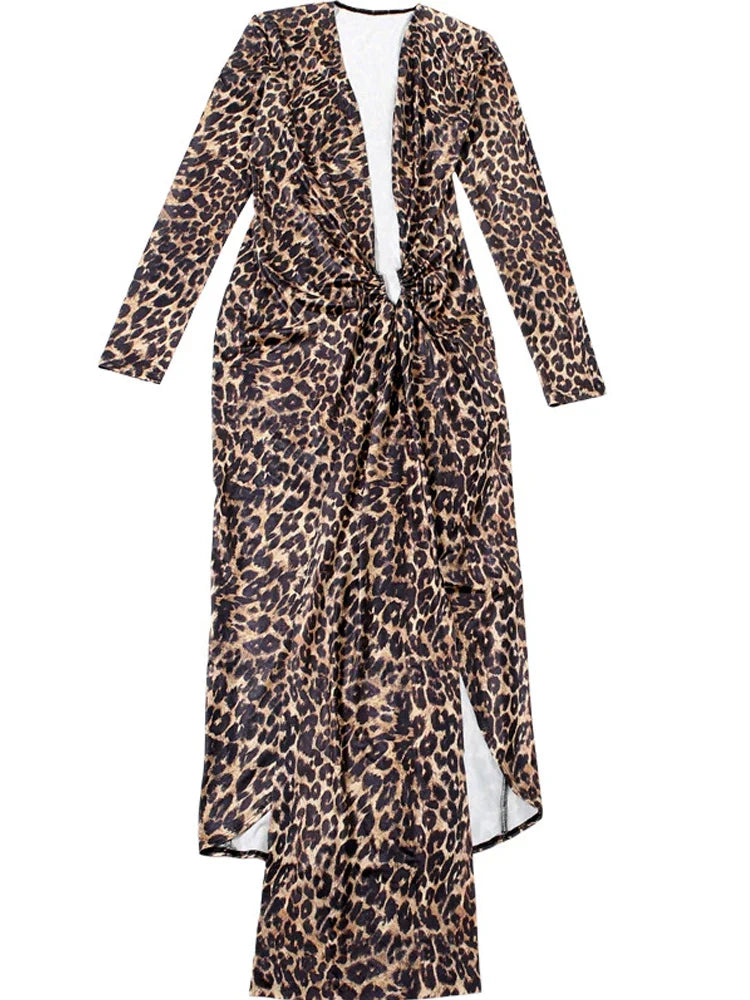 Beyprern Wild Leopard Print Deep Plunge Long Straps Metallic Maxi Dress Chic Women Animal Print Ruched Fitted Night Out Dress