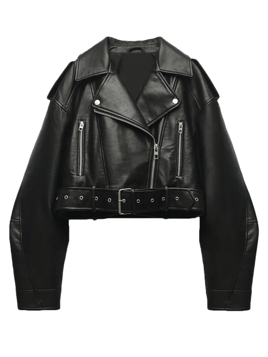 Fitaylor Women Faux PU Leather Jacket Casual Lady Lapel Zipper Short