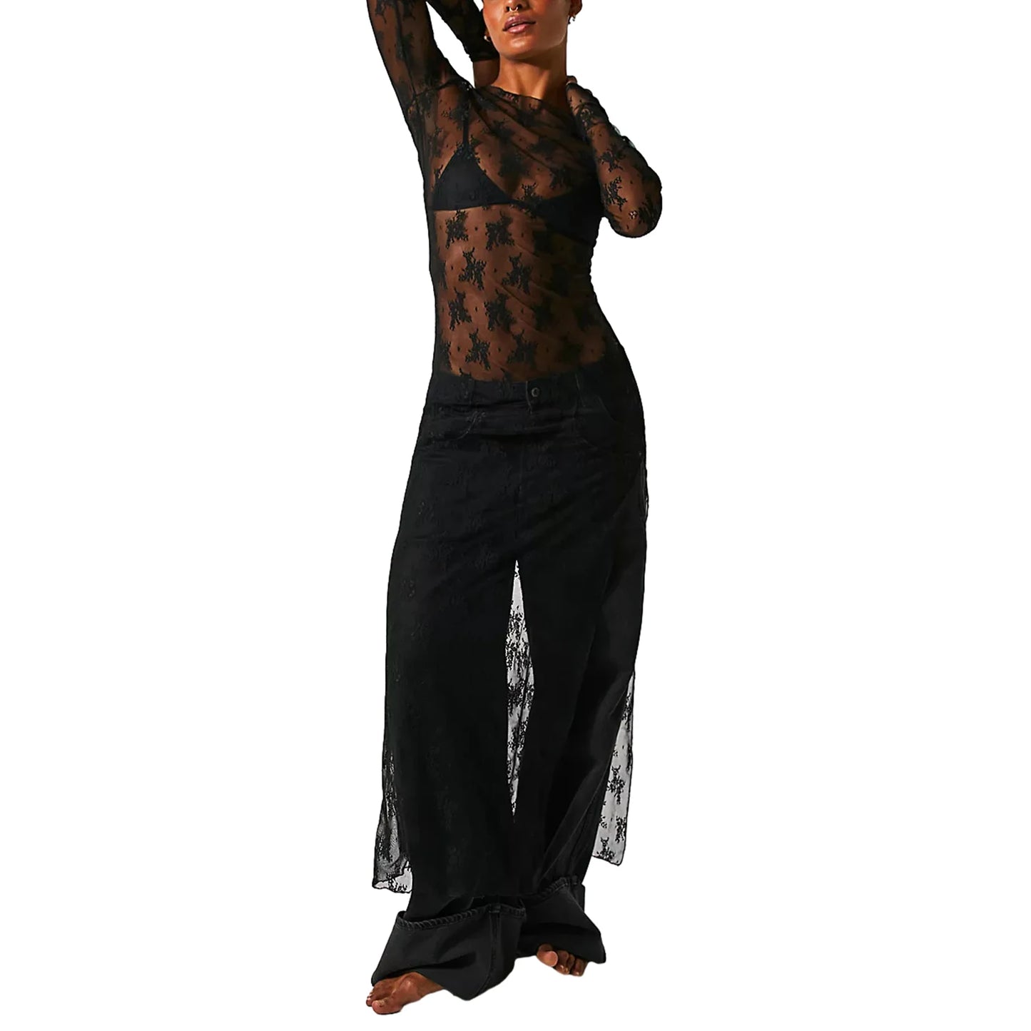 Women’s See-Through Lace Dress Long Sleeve Round Neck Slit Hem Dress