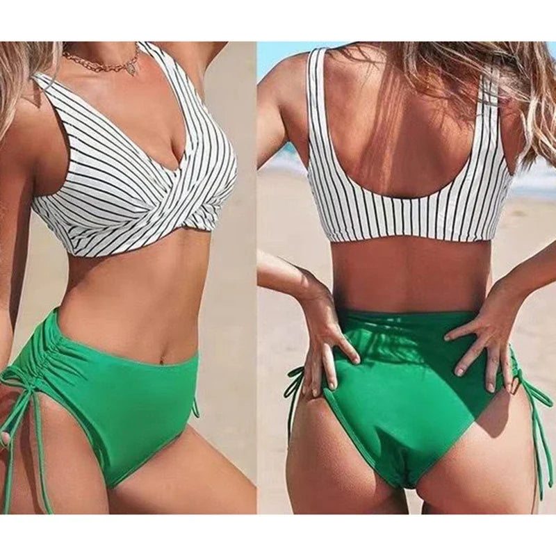 Vintage Printing Bikini Set Women Swimwear Cross Pleated Backless Lace Up Bikini Push Up 2025 New Beach Two Piece Bathing Suit
