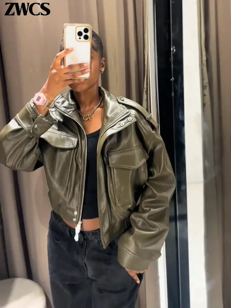 Vintage Zippers Short Leather Jackets Women's Casual Lapel Button Pockets Full Sleeve Coat 2025 Autumn New Lady Chic Streetwear