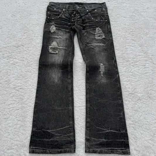 Y2K Washed Jeans Gothic Retro Micro Flared Double Waisted Lace Up