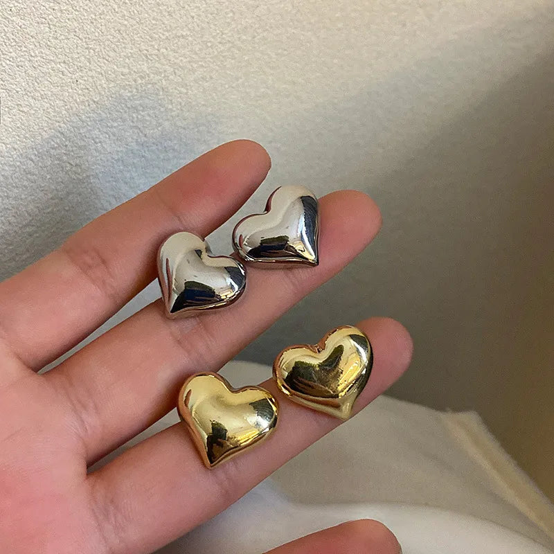 Minimalist Silver Color Smooth LOVE Heart Stud Earrings for Women