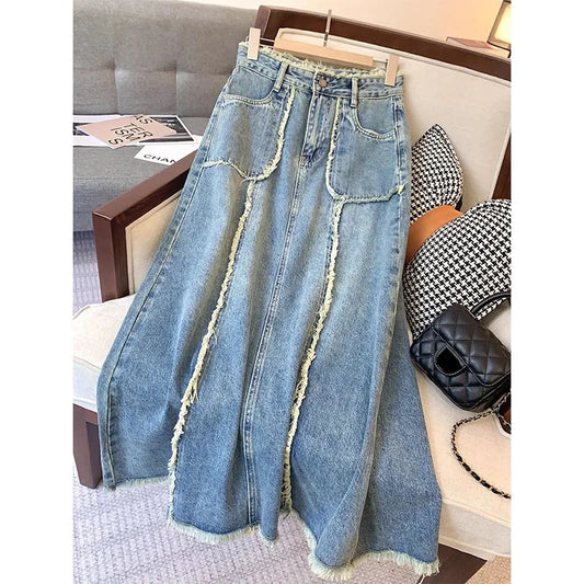 Women's Tassel Denim Long Skirts, Vintage Pocket, A-line Jeans Skirt,