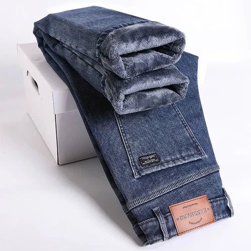 Winter Fleece Thick Warm Jeans Men's Slim Straight Elastic Denim Pants