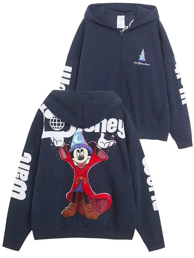 Disney World Castle Letter Magic Mickey Mouse Cartoon Print Embroidery Fleece Sweatshirt Women Hooded Zipper VELOUR Jumper Top