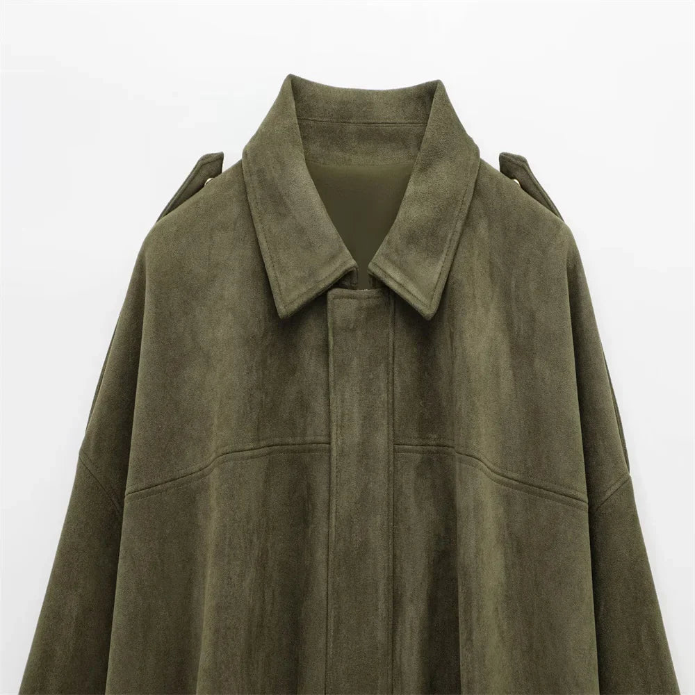 PB&ZA 2025 Women Faux Suede Collared Jacket with Shoulder Straps Loose