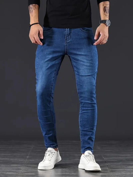 Mens Pants Pure Color Stretch Jeans Street Casual Slim Fit Trousers