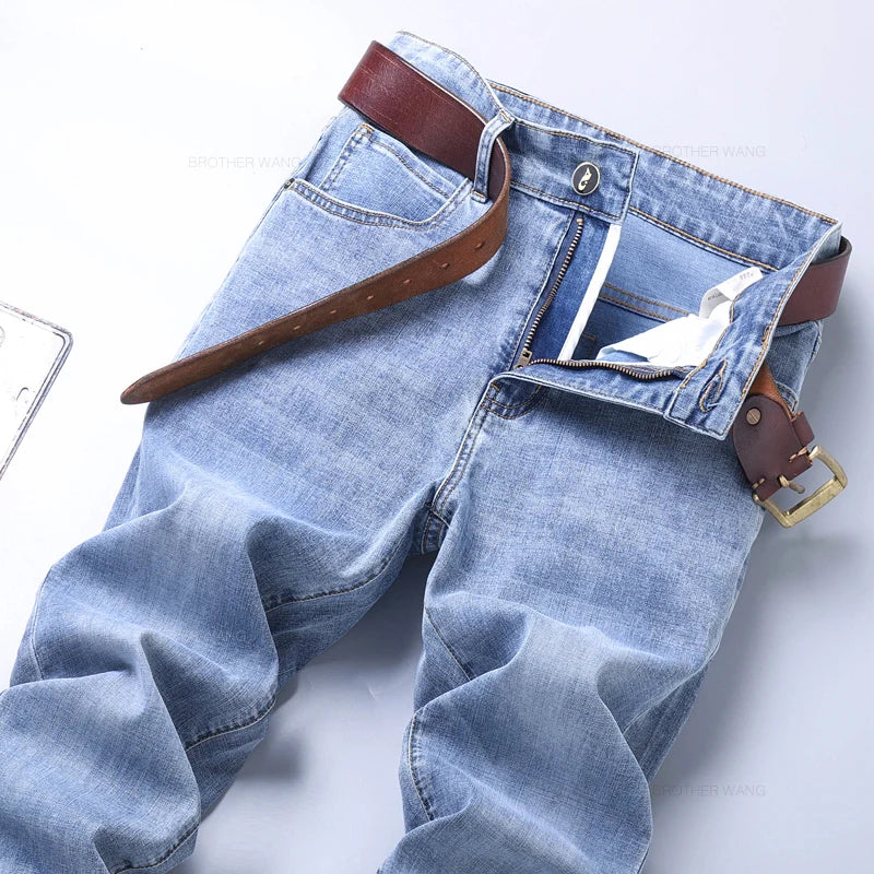 Spring Men's Light Blue Slim Jeans Stylish Casual Stretch Fabric Denim