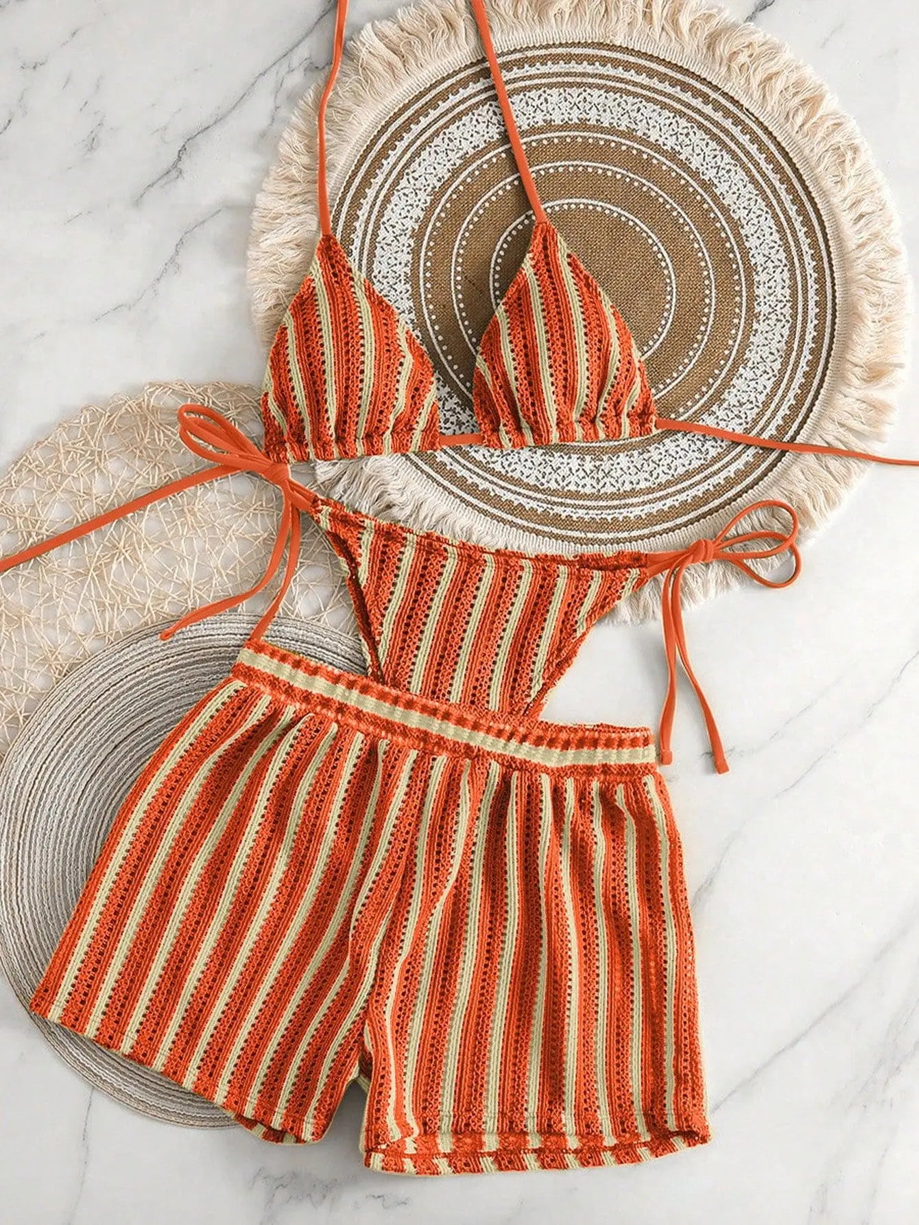 New 3 Piece Vacation Swimsuit Set - Sexy Mesh Tie-Up Bikini with High Cut Bottoms for Women Multi-Color Beachwear