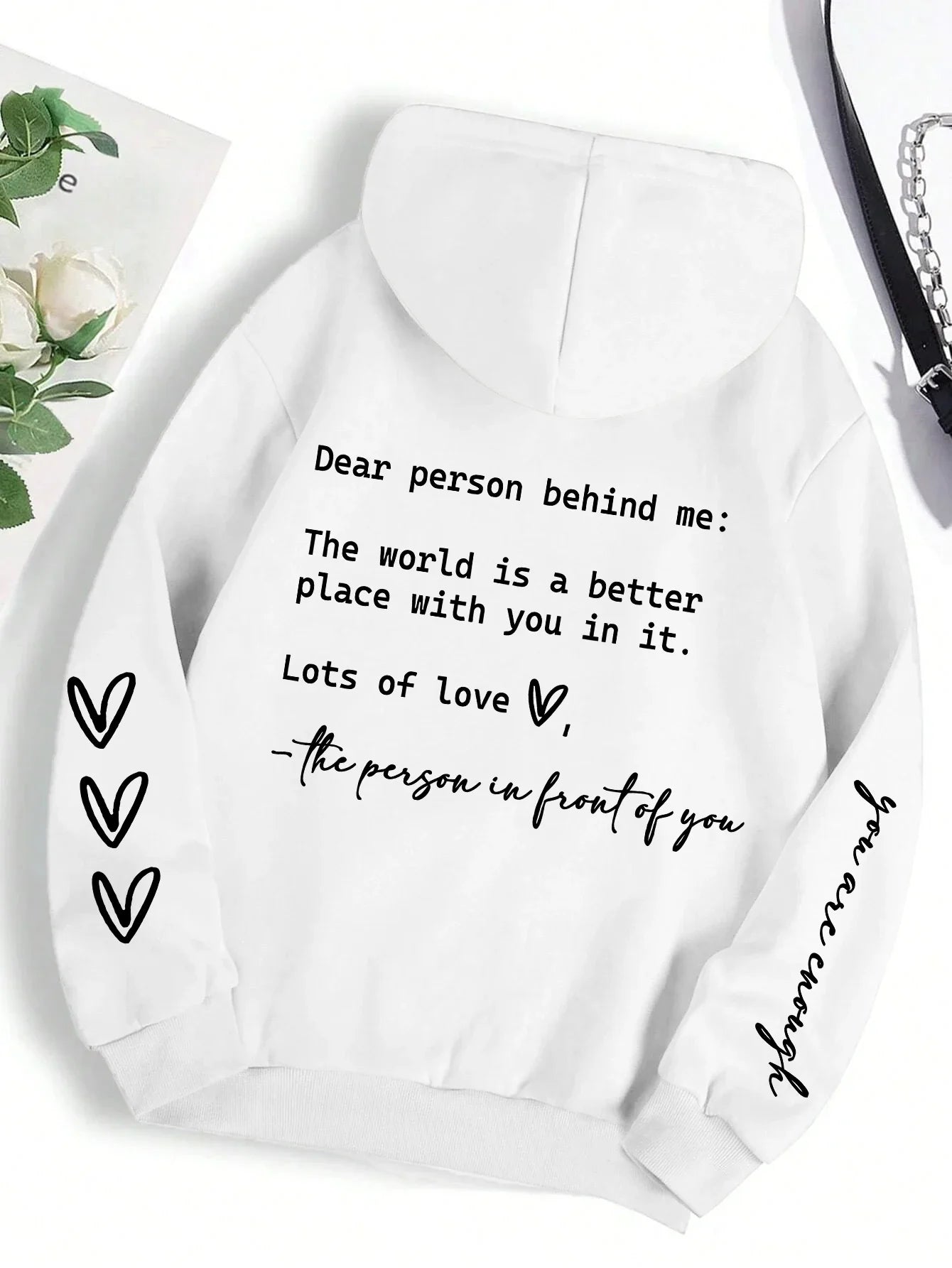 Dear Person Behind Me Letter Graphic Print Hoody Women's Fashion Soft Sweatshirt Autumn Warm Fleece Hooded Casual Loose Tops