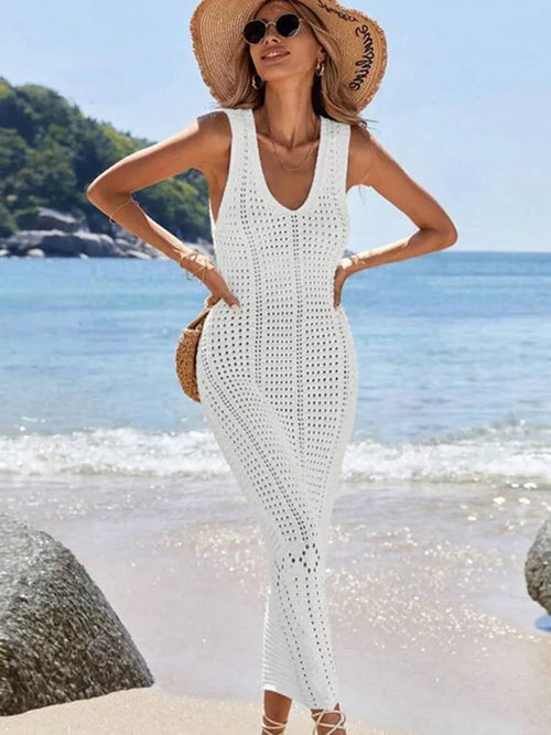S - XL 2025 V Neck Hollow Out Crochet Knitted Tunic Beach Cover Up