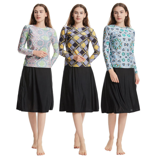 Elegant Islamic Women Swimsuits Long Sleeved Bodysuits+skirt+hat 3pcs