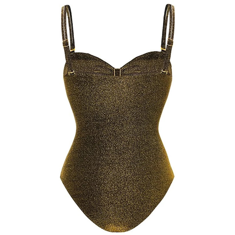 Flaxmaker Gold Glitter Cutout Fabric Women Bikini Set One Piece Swimsuit Swimwear Women Sexy Bikini Beach Wear Bathing Suit