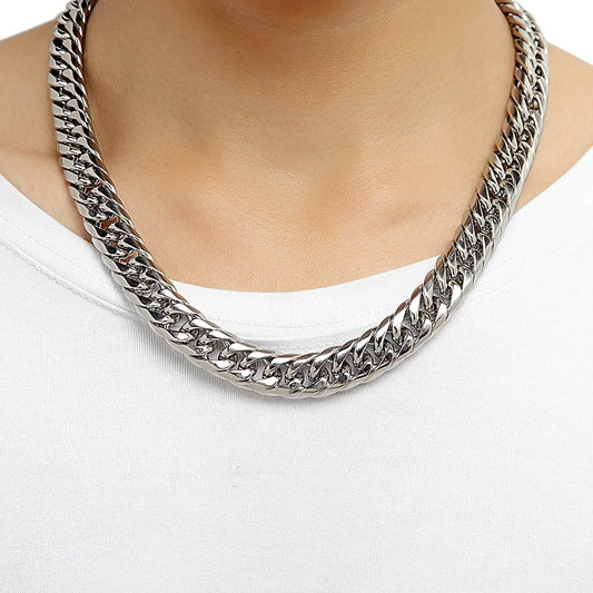 HNSP Stainless Steel LA Cuban Link Chain Silver Color Necklace For Men Jewelry 8/10/12/14MM Width Hip Hop Punk Accessories