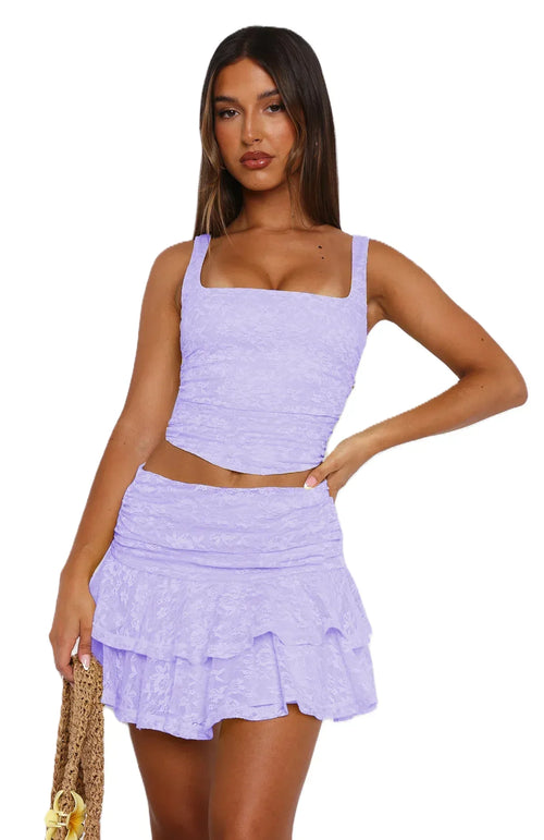Women's Sexy Lace 2 Piece Skirts Outfits Clubwear Bodycon Sleeveless