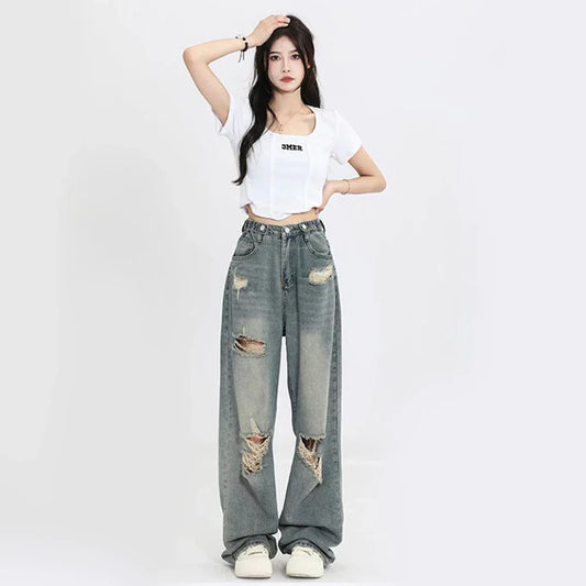 American Vintage Hole Y2k Women Jeans High Waist Jeans Wide Leg Baggy