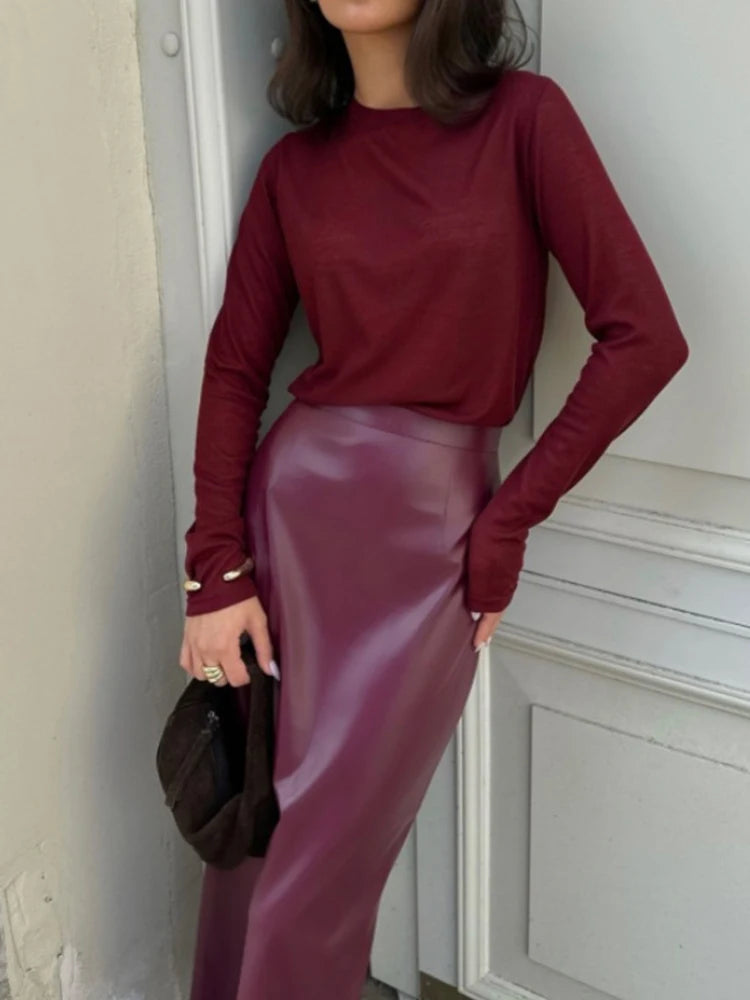 Trendix Women Elegant Burgundy Skirt High Waist Slim Fashion Slit Long