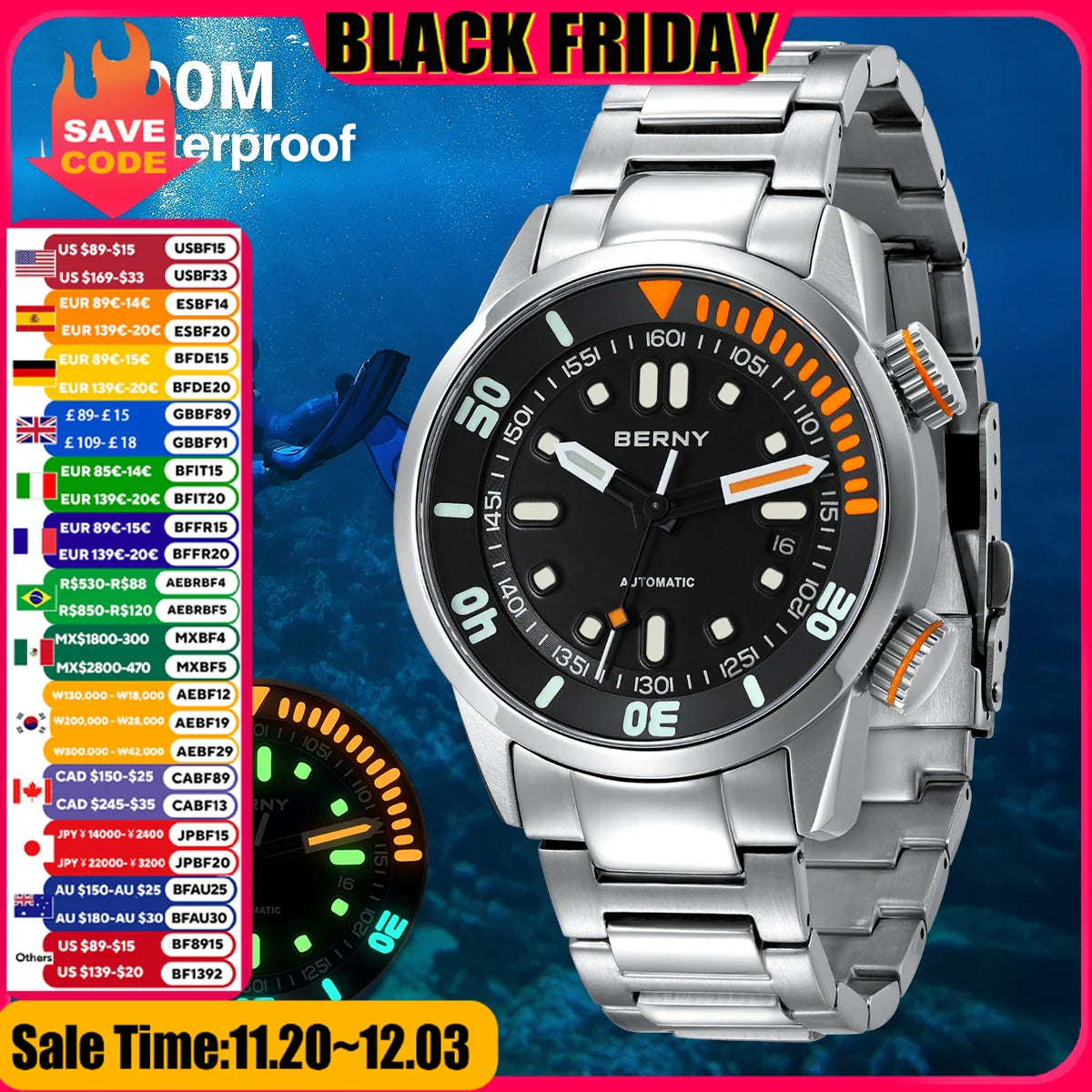 BERNY Automatic Dive Watch for Men Super Luminous Original Design 20ATM Man Wristwatch Sapphire Swim Sport Mechanical Male Watch
