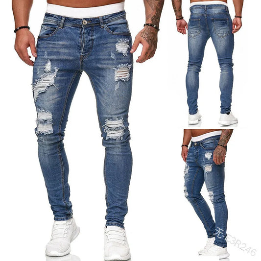 Ripped Mid Waist Slim Fit Men Jeans Vintage Denim Wash Solid Punk