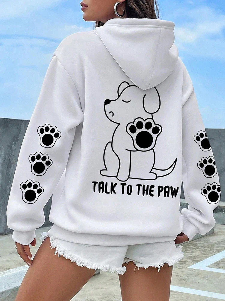 Talk To The Paw Funny Dog Cartoon Print Hoodie Women Warm Fleece Hoody