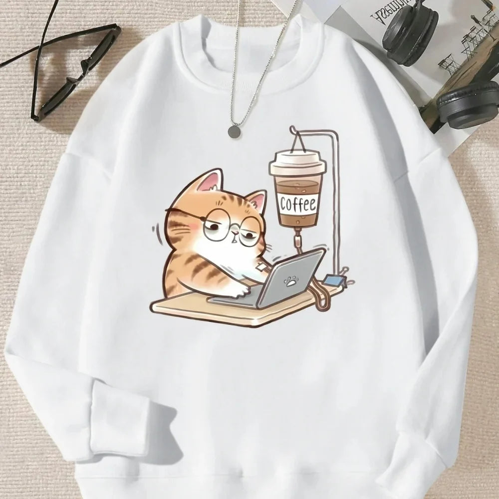 Workings Cat Computer Printing Hoodie Women Comfortable Loose Pullover Casual Soft Sweatshirt Winter Fleece Warm Woman Clothes