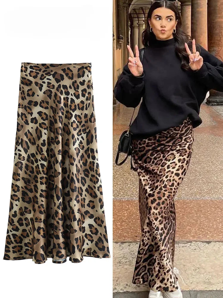 ASDS 2024 Women Fashion Leopard Print Skirt Vintage High Waist Midi