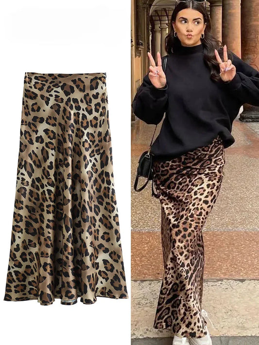 ASDS 2024 Women Fashion Leopard Print Skirt Vintage High Waist Midi