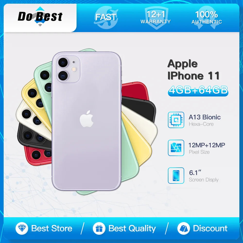 Original Unlocked Apple iPhone 11 4G LTE Mobile Phone NFC 64/128/256GB ROM 6.1'' IPS Screen 12MP A13 Bionic Hexa-core CellPhone