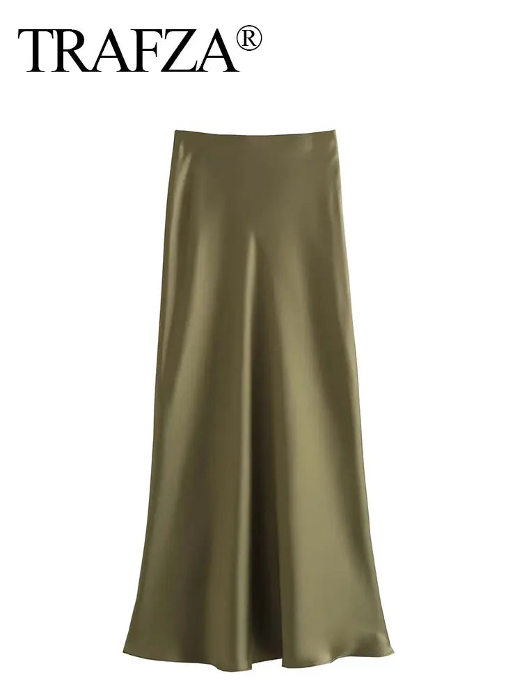 TRAFZA 2024 Y2K Casual Women Long Skirt Spring Elastic High Waisted
