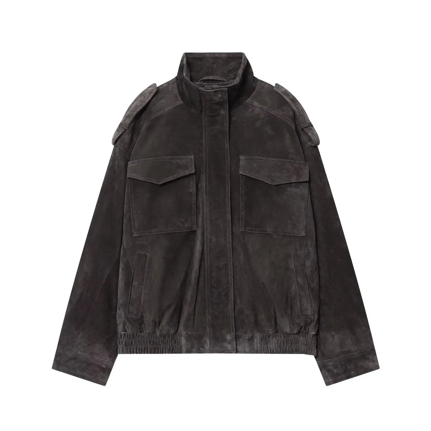 KONDALA Autumn Women Elegant Suede Jacket Stand-up Collar Grey Zipper Loose Jacket 2025 Fall Winter Streetwear Lady Jacket