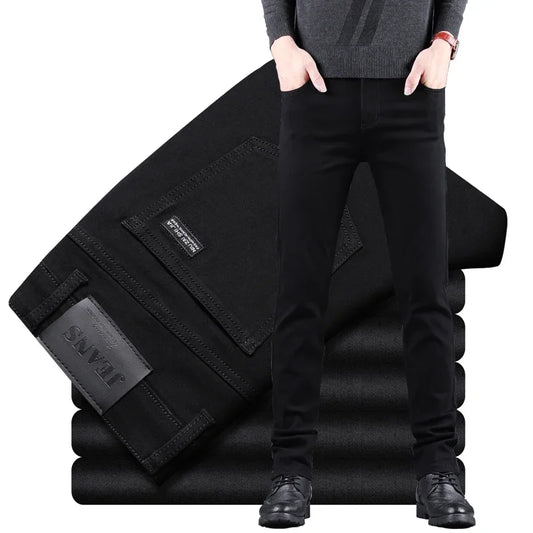 Spring Autumn New Men's Pure Black Slim Jeans Elastic Straight Pants